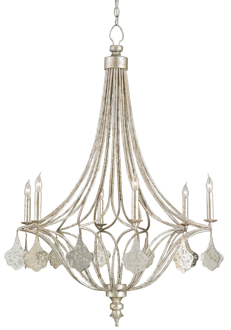 Currey and Company - 9343 - Six Light Chandelier - Lavinia Chandelier - Grecian Silver Leaf/Antique Mirror