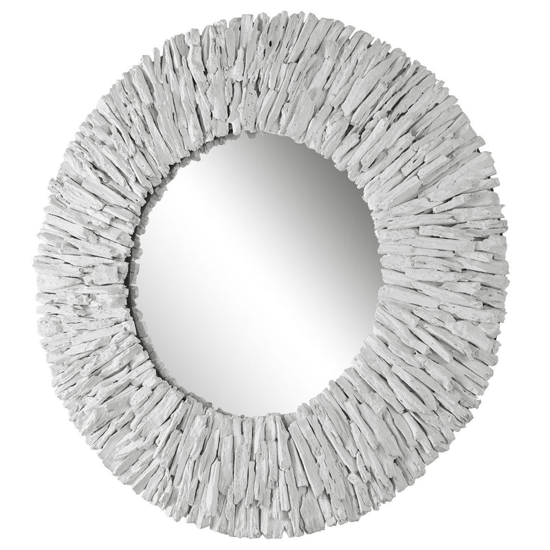 Teak Branch White Wooden Round Mirror