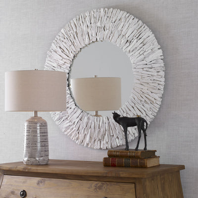 Teak Branch White Wooden Round Mirror