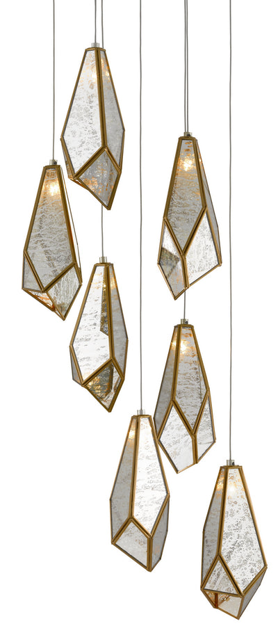 Currey and Company - 9000-0704 - Seven Light Pendant - Glace - Painted Silver/Antique Brass