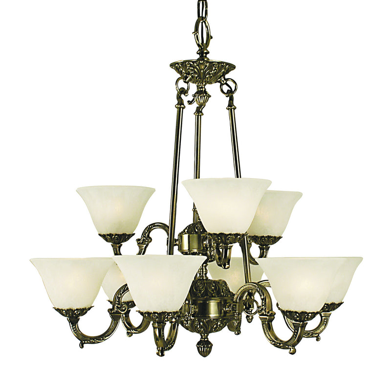 Framburg - 7889 FB/WH - Nine Light Chandelier - Napoleonic - French Brass with White Marble Glass Shade