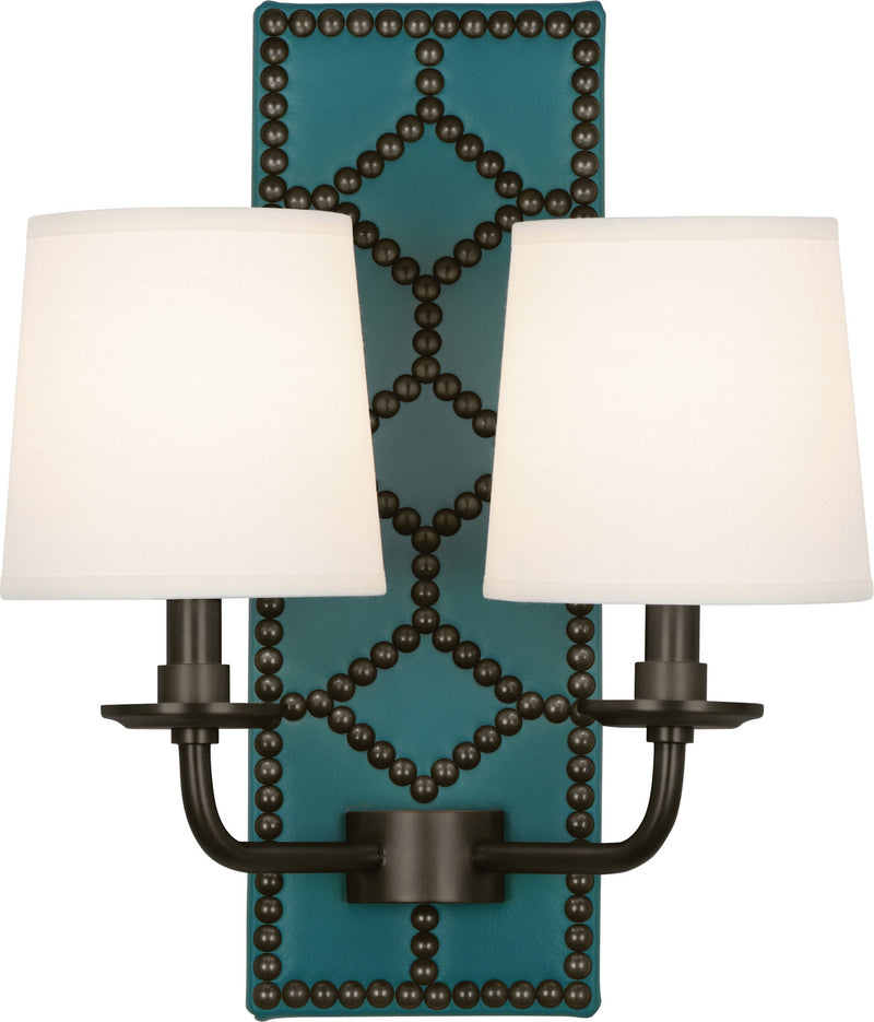 Robert Abbey - Z1033 - Two Light Wall Sconce - Williamsburg Lightfoot - Mayo Teal Leather w/Nailhead and Deep Patina Bronze